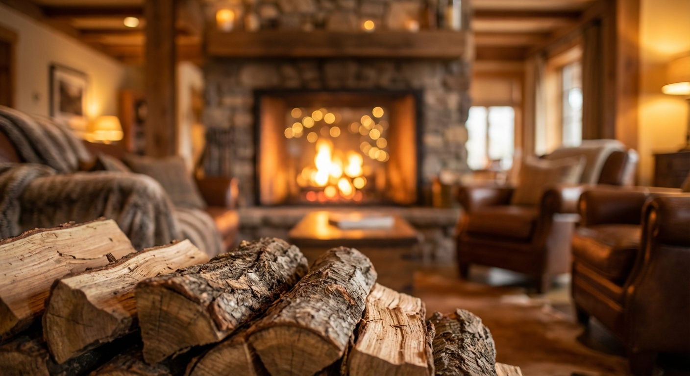 Brennendes Kaminfeuer mit gestapeltem Brennholz