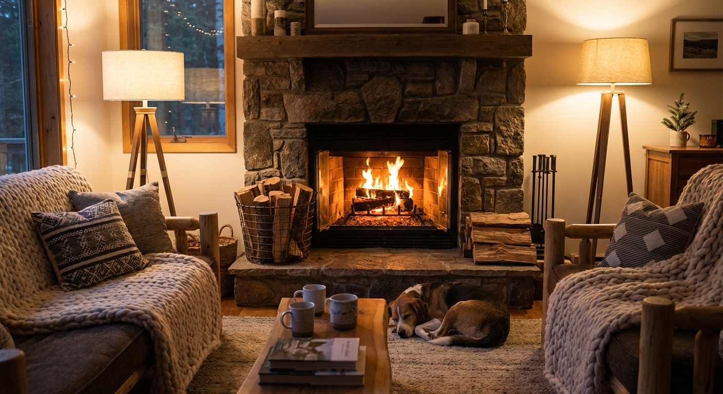 Gemütliches Wohnzimmer mit brennendem Kamin
